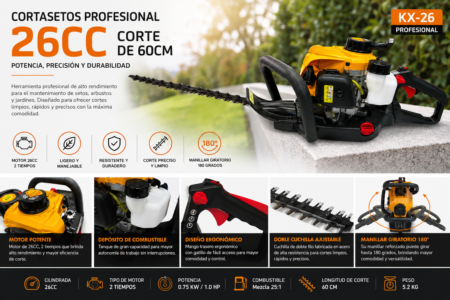 CORTASETOS PROFESIONAL GASOLINA 26CC CORTE DE 60CM -KX-26 - Imagen 5